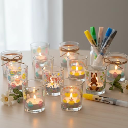 Sinmoe Set di Porta Candele Fai da Te Dà Dipingere 12 Porta Candele in Vetro Trasparente 12 Lumini 6 Pastelli a Cera Regali per Decorazioni da Tavola Natale Matrimonio Festa