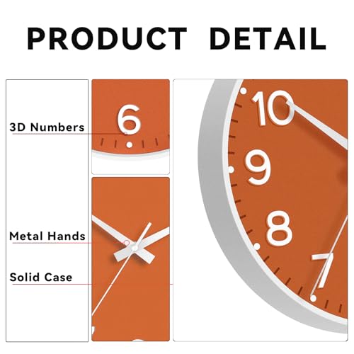 Image of Roymnie Wall Clock, Silent Wall Clocks Battery Operated 8 Inch-Modern Non Ticking Analog Clock Decorative for Kitchen Office Bathroom Bedroom(Orange)