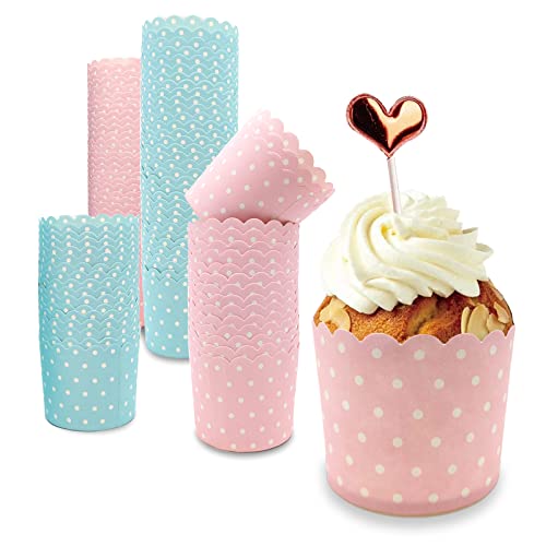 Muffin Papierförmchen, 100 Stück Rosa und Blau Cupcake Wrapper, Muffin Förmchen Papier, für Halloween, Geburtstage, Hochzeiten, Partys (Punktmuster)