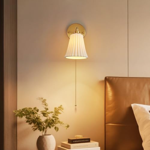Image of Hardwired Wall Sconces Wall Lighting Set of 2, Modern Ceramic Gold Wall Sconce Light with Pull Chain Switch, Indoor Bedside Wall Lamp Light Fixture for Living Room Bedroom Kitchen Home Office Hallway