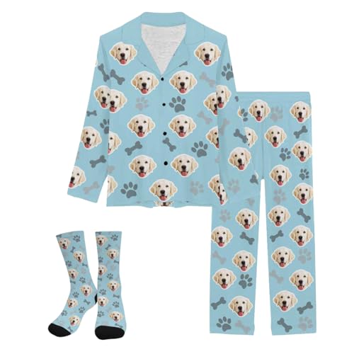 Artsadd Custom Christmas Pajamas for Men Women Personalized Face Pajama Pjs Customized Button Down Pajama Set Gift for Xmas