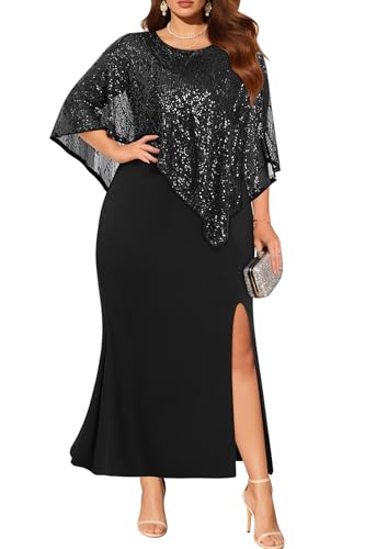 Plus Size Formal Dress - Wedding Guest Long Evening Cocktail Mermaid Dress with Sequin Overlay Cape