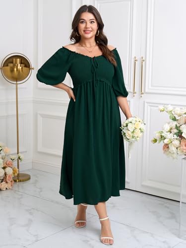 Image of CICIDUDU Women's Plus Size Maxi Dress Wedding Guest Half Sleeve V Neck Bowknot Smocked Milkmaid Flowy Dresses for Women
