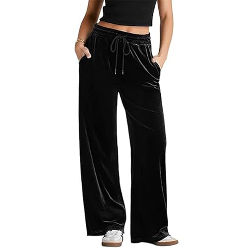 SAGERLUMOS Women's Elegant Gold Velvet High-Waisted Wide-Leg Trousers Black XL