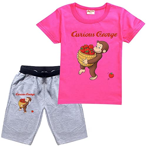 おさるのジョージ 服 子供 キッズ 半袖 上下セット 2点セット 綿 グッズ トップス ズボン 夏 男の子 女の子 100 110 120 130 140 150 160 170通気 吸汗 快適 おしゃれ 誕生日 プレゼント (ローズレッド01,100cm