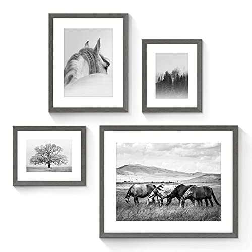 SunFlax Wild Landscape Framed Wall Art - Relaxing Black and White Prairie Scenery Photography Horses Prints with Wooden Frames for Living Room, Bedroom, Office, Bathroom