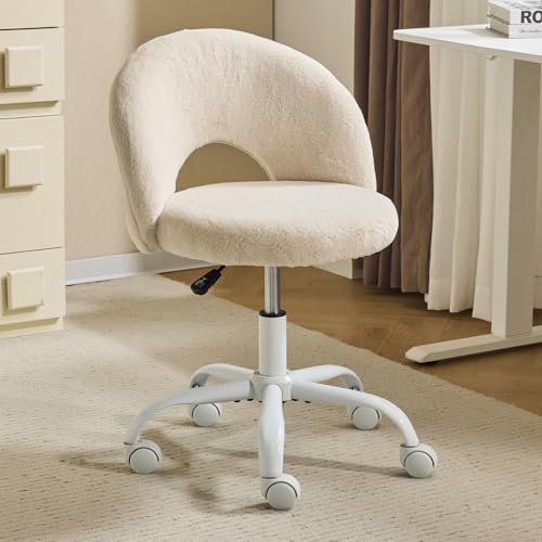Bonnlo Homeoffice Stuhl, Schreibtischstuhl, Schminktisch Stuhl, Bürostuhl ohne Armlehnen, Drehstuhl mit Rollen, Höhenverstellbar, Homeoffice, Make up (Kunstkaninchenfell, Khaki)