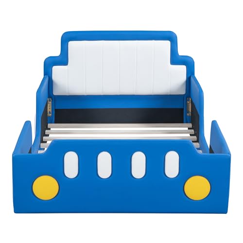 Image of Race Car Shaped Platform Bed with Wheels, Twin Size Wood Low Floor Bed Frame with Headboard and Footboard, Upholstered Bed with Rails, No Box Spring Needed, Blue