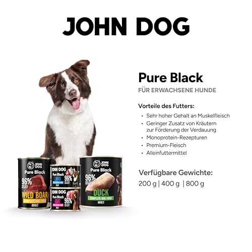 John Dog Hundenassfutter Pure Black Ente - Premium Getreidefreies Hundefutter mit 96% Fleisch - Monoprotein Nassfutter für ausgewachsene Hunde 6 x 800g