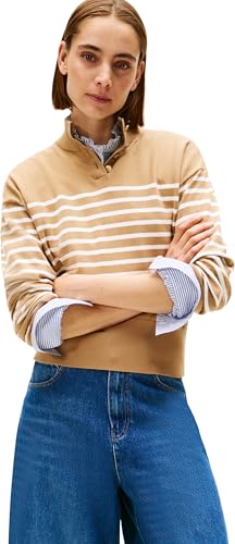 Tommy Hilfiger Women’s Jersey Gold Jumper with Mock Neck, Beige (Placed Thin Beige Stp Sweaters), XXL