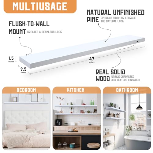 Sasylvia 4 Pcs Extra Long Floating Wall Shelves Book Rustic Thick Shelves for Wall Decor Wall Mounted Wood Farmhouse Bathroom Hanging Shelf for Bedroom Living Room Kitchen(White, 47 x 9.5 x 1.5) by Sasylvia - Image 3