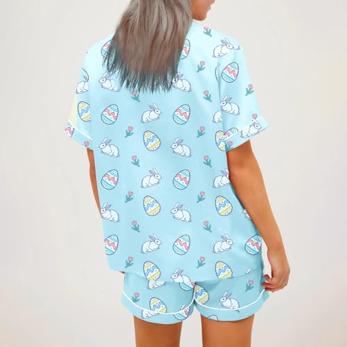 Image of Women Easter Pajamas Set Cute Bunny Button Down Shirt and Shorts 2 Piece Pj Set Y2K Easter Outfits