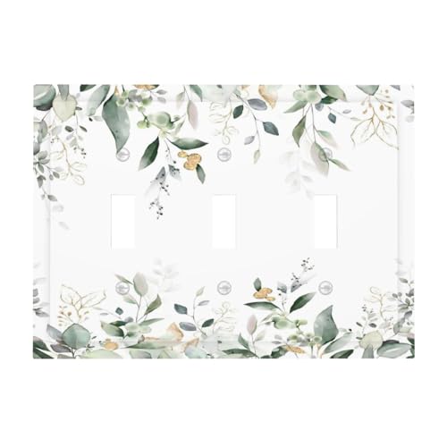 Decorative Switch Plate Covers Rustic Ink Green Eucalyptus Leaves Sage leaf 3 Gang Light Switch Cover Plate Triple Toggle Wall Plate Light Switch Covers for Country Bedroom Home Decor