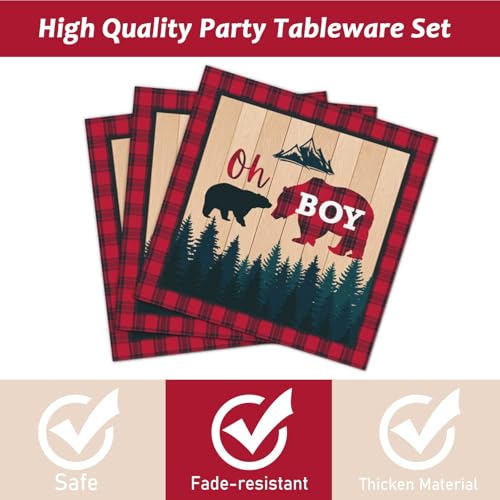Image of gisgfim 96 Pcs Buffalo Plaid Lumberjack Party Plates and Napkins Party Supplies Boy Red Plaid Party Tableware Set Christmas Decorations Favors for Birthday Baby Shower for 24 Guests