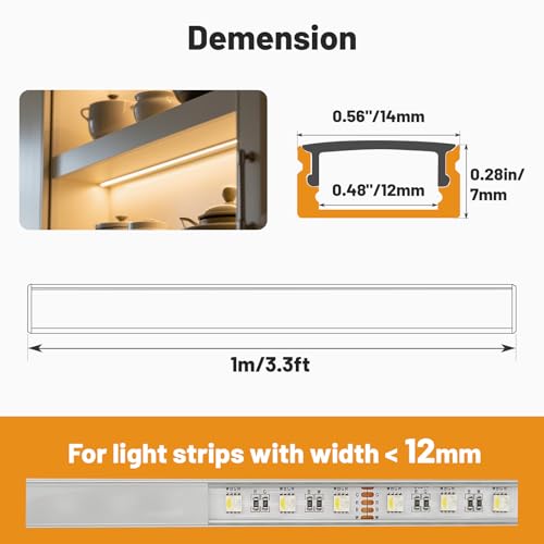DEIGCYU 10-Pack 3.3FT/1M U-Shape LED Aluminum Channel – 14x7mm Silver Profile with Milky White Diffuser Cover, End Caps, Mounting Clips – Aluminum Profile for LED Strip Light Installations - Thumbnail 2