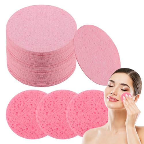 60 Pcs Facial Sponges Cleansing Natural Wood Pulp Cotton Facial Washing Sponge for Facial Cleansing for Liquid Creams and Powders Wet and Dry use Perfect for Everyday Use (Pink)