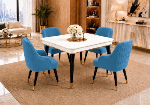 Image of WOODEN SPACE 4 Seater Wooden Dining Table Set | Urban Marble Top Dining Table with Chairs for Dining Room & Kitchen (Modern Zyro Blue) (42 x 42 x 30 inch)