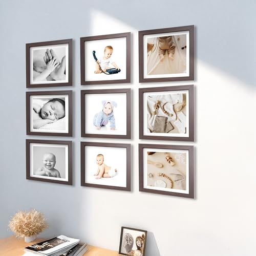 Image of Photo Frame for Wall | Set of 9 Brown Photo Frames 8x8 Inch | Gift for Anniversary & Housewarming | Wall Decor Items for Home Decor & Wedding Gift for Couples