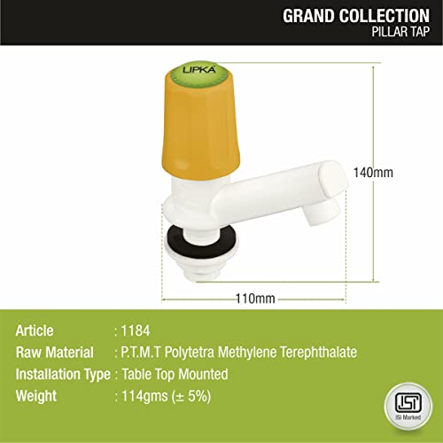Image of LIPKA Pack of 2 Grand Pillar Tap Faucet | PTMT Water Tap | Ivory /Yellow Color |