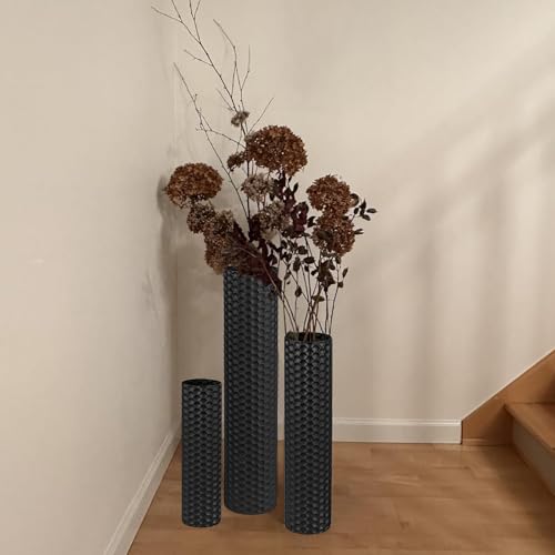NOLIPED Black Tall Floor Vase - Set of 3 Extra Large Metal Decorative Vases for Living Room, 27.6" Long Modern Honeycomb Texture Big Cylinder Standing Corner Decor for Home Dining Bedroom Pampas Grass by NOLIPED - Used condition - Image 4