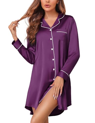 Senert Camisón de satén para mujer, camisa de dormir con botones, manga larga, vestido de pijama, camisón, camisón, tallas S-XXL, Púrpura, M