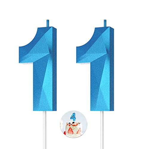 Number Birthday Candles(11 Candle Blue) 3D Diamond Shape Number Happy Birthday Cake Candles for Birthday Party Wedding Decoration Reunions Theme Party