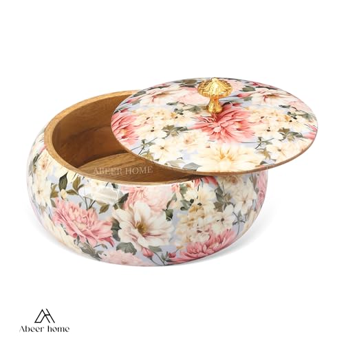 Image of Handcrafted Premium Wooden Roti Casserole - 9 x 9 x 4 Inches | Hot Roti Case & Chapati Box For Kitchen & Dining | Chapati Serving Hotbox Serveware With Gold Embossed Knob