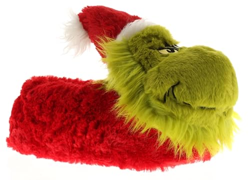 Wynsors The Grinch Men's Christmas Novelty Slippers - Green Faux Fur with Red 3D Face Design, Warm Padded House Shoes, Non-Slip Red 11 UK