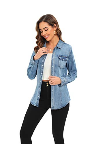 Denim Shirt for Women Long Sleeve Cotton Lightweight Fashion Denim Jacket for Women-2 Pockets4