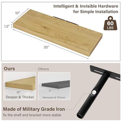 Image of Acovy 10 inch Extra Deep Floating Shelves for Wall, 30 inch Long Wood Wall Shelves Set of 2 for Bathroom Bedroom Kitchen Living Room Laundry Room, Modern Floating Shelf for Home Decor