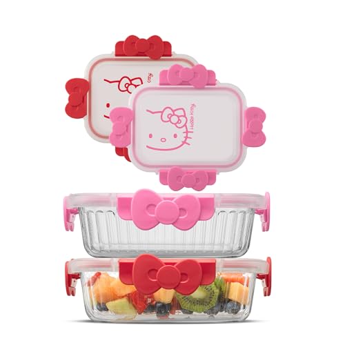 JoyJolt Sanrio Hello Kitty Fluted Glass Food Storage Containers with Lids 2x Airtight Glass Storage Containers with Lids for Kitchen Reusable Lunch Meal Prep Container Cute Hello Kitty Gifts