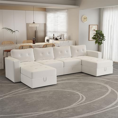Image of QHITTY U Shaped Sectional Modular Sofa, 6 Seater Accent Couch with Hidden Extra Large Storage Space for Living Room, Beige White