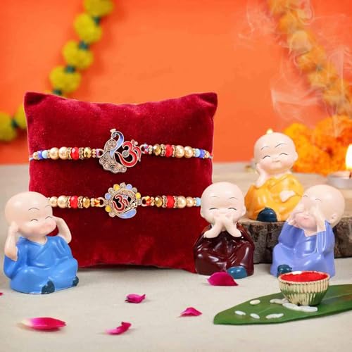 Image of TIED RIBBONS Rakhi for Brother with Gift - Set of 2 Designer Rakhi for Bhaiya with Mini Monk Buddha Idols Showpiece