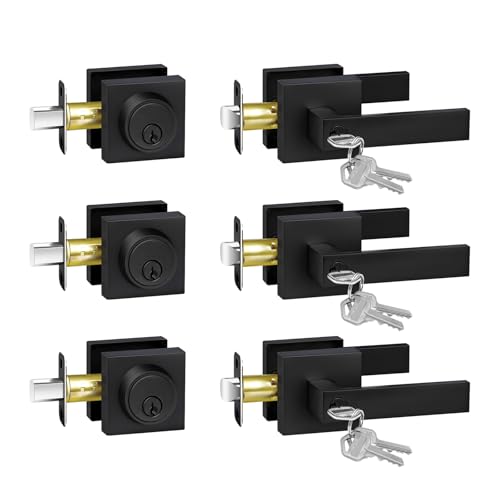 Camtek Exterior Door Lock Set with Deadbolt, Door Locks for Front Door with Single Cylinder Deadbolt Lock, Matte Black Door Handle with Lock and Key for Front Door, 3 Pack (All Same Keyed Alike)
