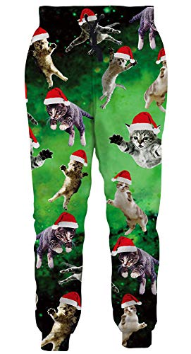 Leapparel Men's Unisex 3D Printed Casual Sports Jogger Pants with Drawstring Galaxy Graphric Baggy Sweatpants (S, Green Cat)