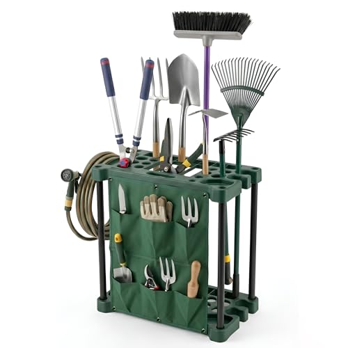 Durable Plastic Mobile Weatherproof Garden Tool Storage Rack - Lightweight Portable Caddy - Free Standing Unit Tidy Organiser for 40 Garden Tools with Multiple Pouches - Easy Assembly