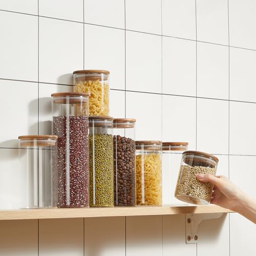 Image of Qinyoung Glass Storage Jars with Wooden Lids, 4 Sizes Food Storage Containers Clear Stackable Canisters Airtight Glass Jars for Candy Cookie (Clear, Dark Brown, 15oz 25oz 34oz 42oz, 24 Pcs)