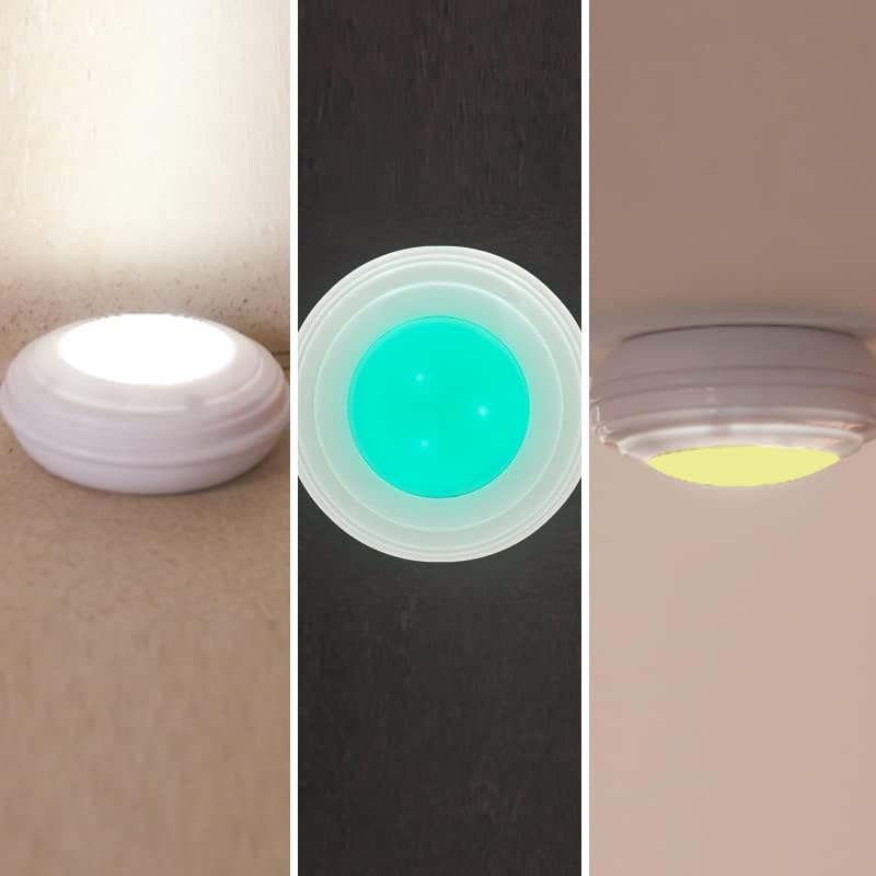 Three HandyLux LED lights displaying different colors: white, blue, and yellow