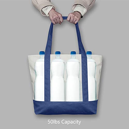 Image of TOPDesign 1-Pack Canvas Tote Bag with an External Pocket, Reusable Grocery Shopping Bag, Top Zipper Closure, Daily Essentials (Blue /Natural)