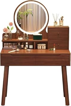 Dresser with Mirror, Solid Wood, Large Capacity Drawer, LED Light, Three Color Lights, Touch Control Mirror Included, Makeup Stand, For Bedrooms, Stylish, Women, Girls, Perfect Gift Length 31.5 x Width 15.7 x Height 50.5 inches 80 x 40 x 128.5 cm, A