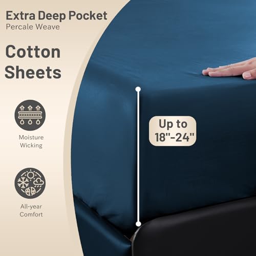 MEISHANG Extra Deep Pocket King Sheets Cotton - 1000 Thread Count Sheets - Fits 18"-24" in Deep Mattress,100% Egyptian Cotton,Sateen Weave, Soft & Breathable - 4 Piece (King, Navy)