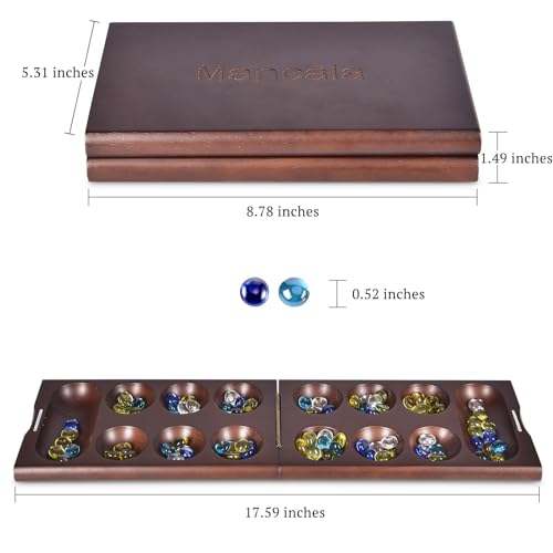 Juego de mesa Mancala de madera con piedras de vidrio miniatura 6