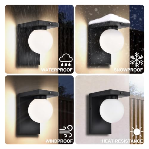 Image of Large LED Outdoor Wall Lights, Frosted Glass Globe Shade Outdoor Sconce, Black Exterior Light Fixtures with Dusk to Dawn Sensor, Waterproof 12W 3000K for Front Door, Garage, Patio, Porch, 1 Pack