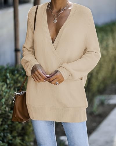 Image of LookbookStore Women's Knit Long Sleeve Faux Wrap Surplice V Neck Sweater Top