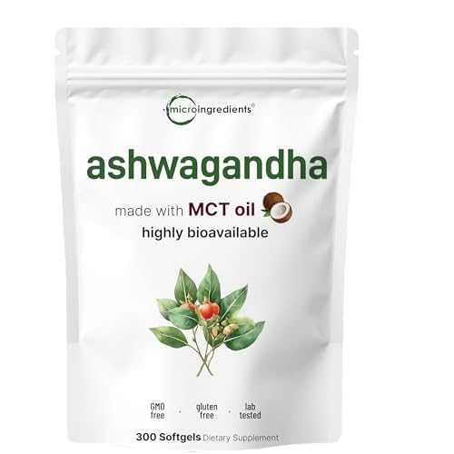 Micro Ingredients Ashwagandha Supplements | 300 Coconut MCT Oil Softgels with Black Pepper for Better Absorption | Potent Root Extract | Non-GMO