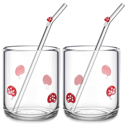 Skylety 2 Set Mushroom Icon Juice Glass Cups - Icon Glass Cup with 2 Straw 14 oz Double Old Fashioned Cute Pattern Glassware for Tea Water Milk Coffee Parties Gifts