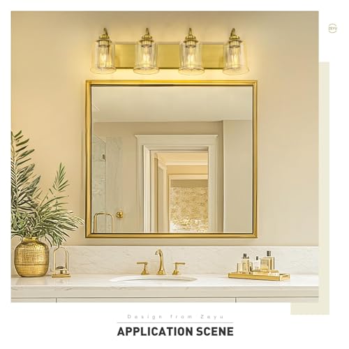 Image of zeyu 4-Light Brushed Gold Vanity Light, Modern Wall Sconces for Mirror Kitchen Bedroom, Bathroom Wall Lights with Clear Glass Shade, ZSL72B-4W BG