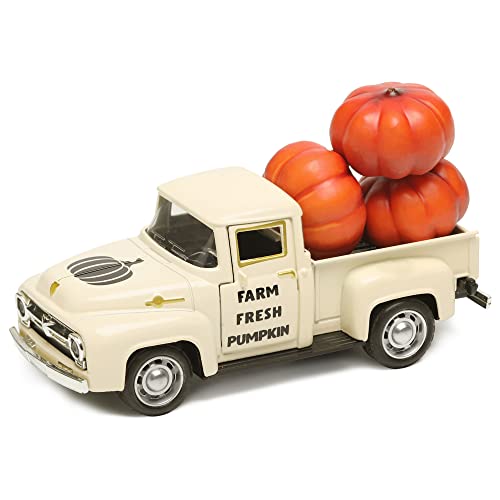 NEWLIGHTURE Fall Pumpkin Truck Decor Mini Harvest Metal Farm Truck with 3 Pumpkins | Vintage Diecast Model for Tiered Tray Home Décor 4.8 inches