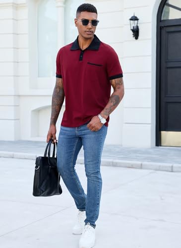 Image of Men's Casual Polo Shirts Summer Short Sleeve Contrast Collar Buttoned Tee Polo Shirt with Pocket