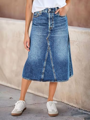 Flamingals High Waist Vintage A-Line Denim Skirt Midi Button Front Casual Jean Skirts4
